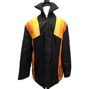 Early 80s VTG Bombardier Jacket Large Black Orange Yellow USA Ski Snowmobile